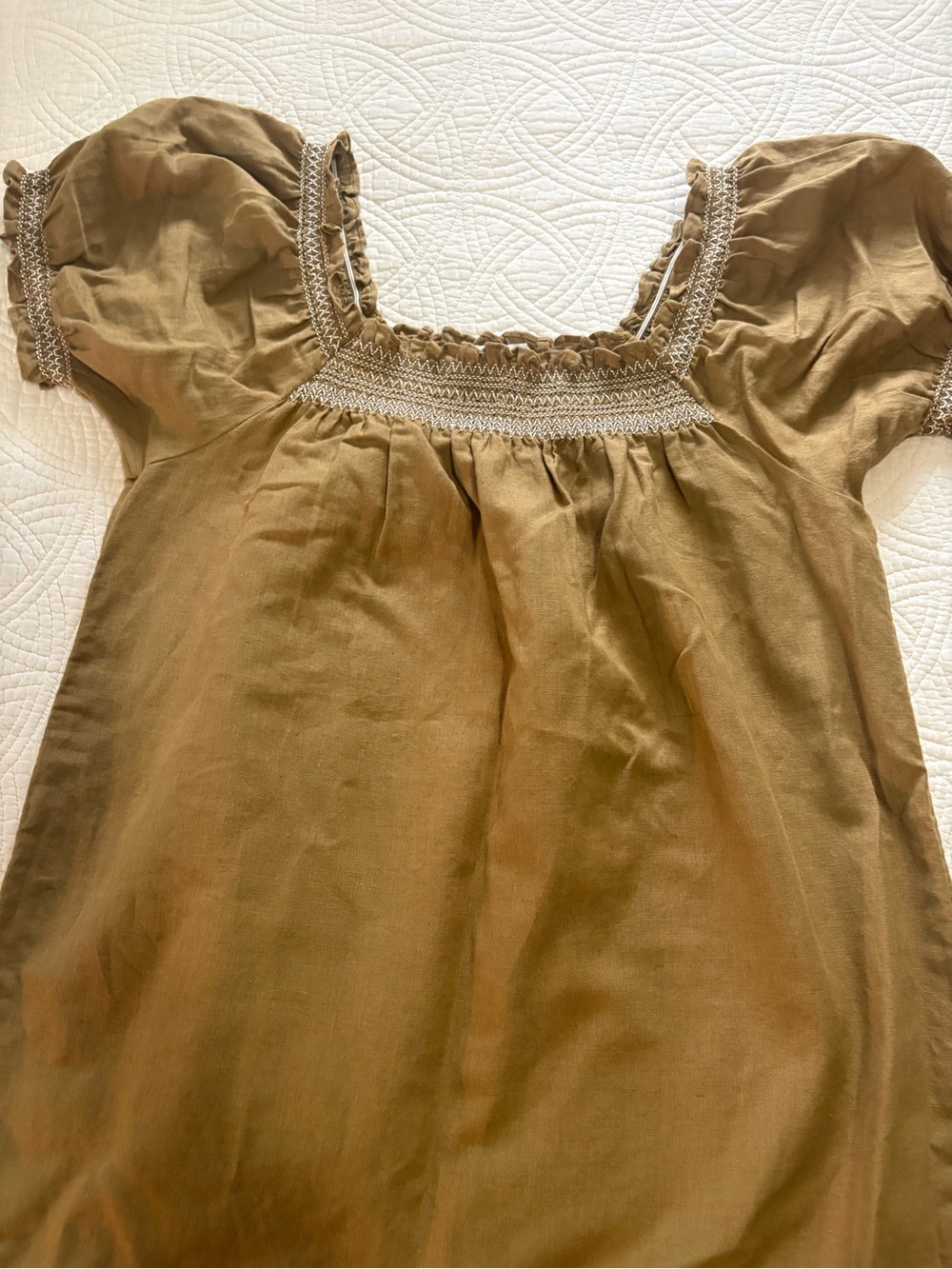 Amour Vert Organic Linen Cotton Dress Smocked Embroidered Medium Like New - Picture 3 of 8